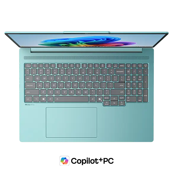 Top view, showing keyboard, of a Jelly Mint Lenovo IdeaPad Pro 5i Gen 11 (16” Intel) with a Copilot+ logo beneath it.