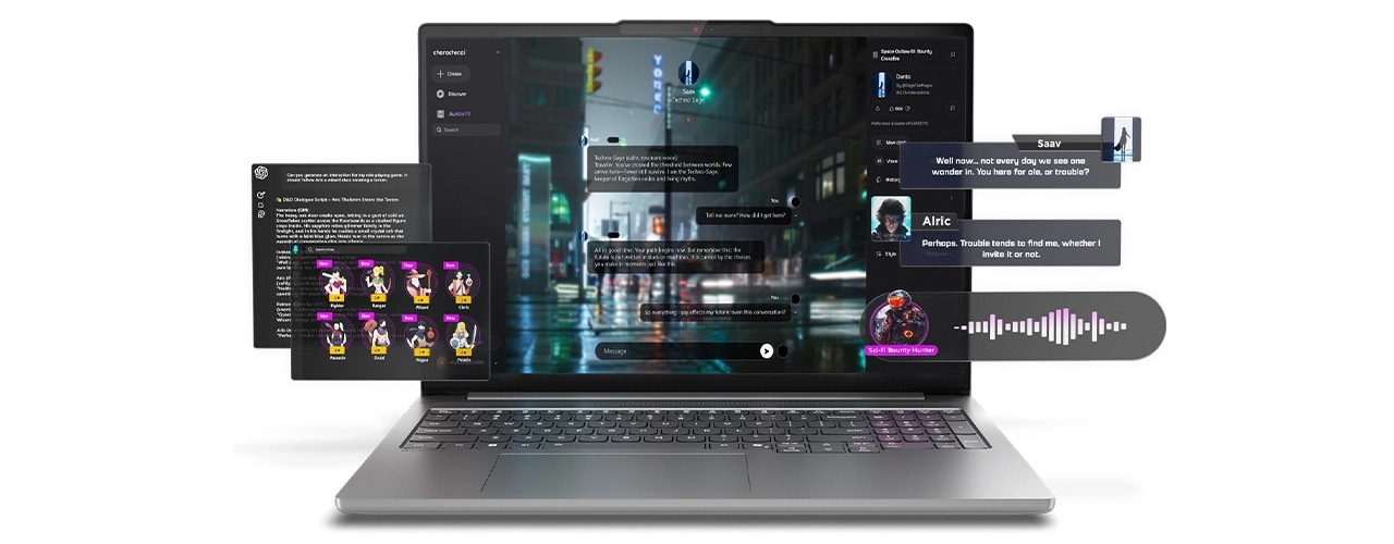 Front view, with app interfaces hovering in front of the display, of the Lenovo IdeaPad Pro 5i Gen 11 (16” Intel). מחשב נייד IdeaPad Pro 5 16IPH11 83SK001YIV מבית Lenovo