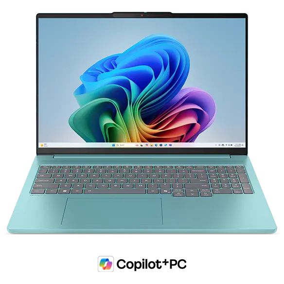 Front view of a Jelly Mint Lenovo IdeaPad Pro 5i Gen 11 (16” Intel) with a Copilot+ logo beneath it.
