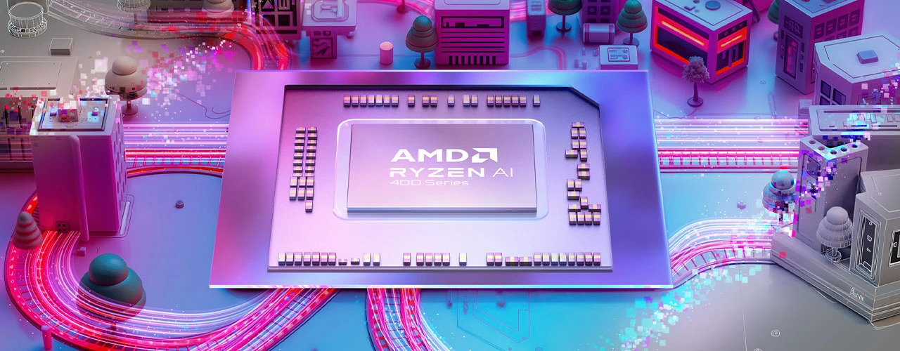 Primer plano de los componentes internos de una laptop Lenovo Yoga 7a 2 en 1 Gen 11 (14" AMD), en la que se destaca la CPU AMD Ryzen AI serie 400