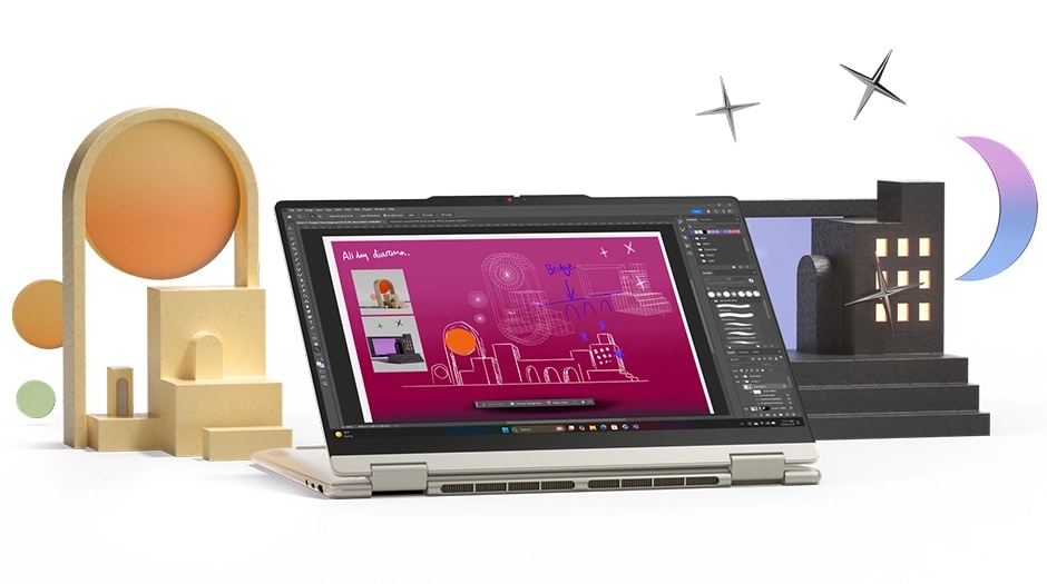A Lenovo Yoga 7a 2-in-1 Gen 11 (14" AMD) laptop in stand mode, displaying a design of two 3D items on its screen, with the items in the background
