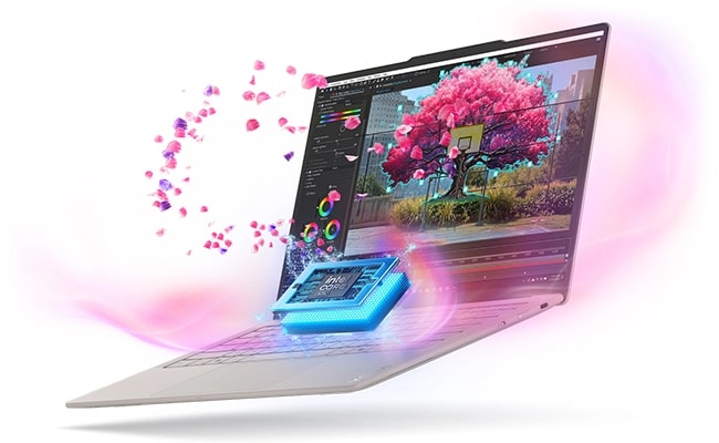 Lenovo Yoga Slim 7i Ultra Gen 11 Aura Edition 14 An Intel processor emerges from the chassis of a Lenovo Yoga Slim 7i Ultra Gen 11 Aura Edition (14” Intel).