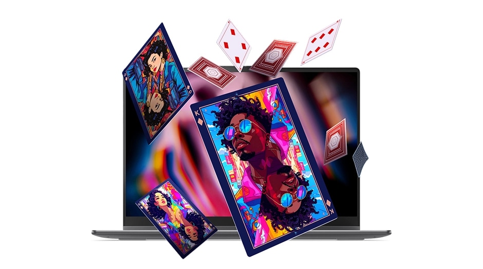 Colorful images and playing cards emerge from the display of the Lenovo Yoga 2-in-1 Gen 11 Aura Edition (14” Intel). מחשב נייד Yoga 7 2-in-1 14IPH11 83TC004MIV מבית Lenovo