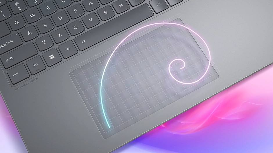 Closeup, with a swirl drawn onto it, of the trackpad of the Lenovo Yoga 2-in-1 Gen 11 Aura Edition (14” Intel). מחשב נייד Yoga 7 2-in-1 14IPH11 83TC004MIV מבית Lenovo