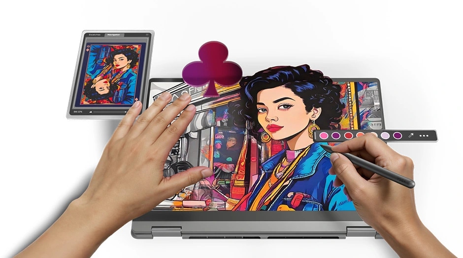 A pair of hands draw, as a figure of a woman emerges from the display of the Lenovo Yoga 2-in-1 Gen 11 Aura Edition (14” Intel). מחשב נייד Yoga 7 2-in-1 14IPH11 83TC004MIV מבית Lenovo