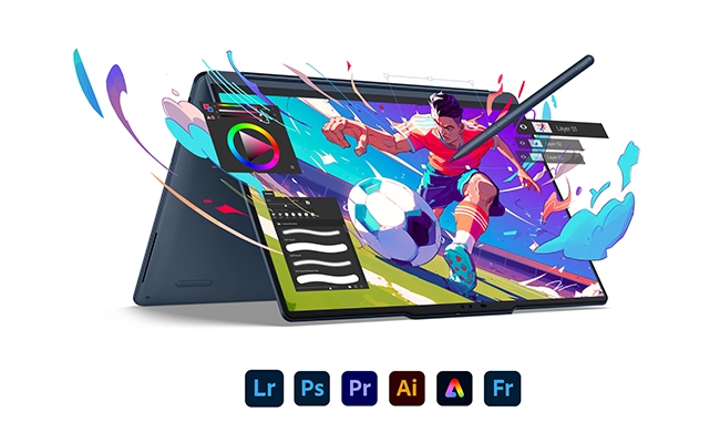 A soccer player emerges from the display of the Lenovo Yoga 2-in-1 Gen 11 Aura Edition (14” Intel). מחשב נייד Yoga 7 2-in-1 14IPH11 83TC004MIV מבית Lenovo