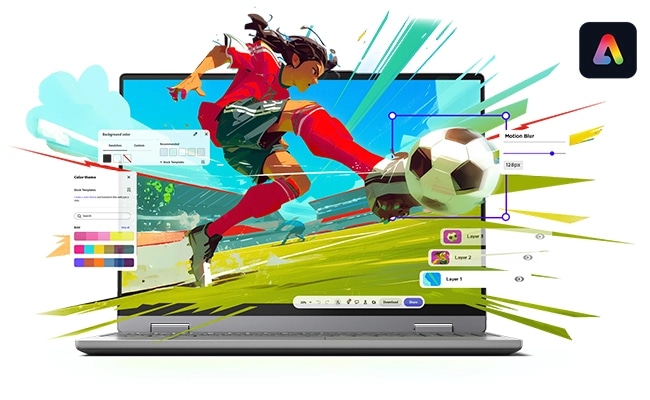Lenovo IdeaPad Slim 5a Gen 11 (14" AMD) grey laptop, showcasing a game illustration graphics popping out of its screen along with some creative app features. מחשב נייד IdeaPad Slim 5 14AHP11 83S3001KIV מבית Lenovo