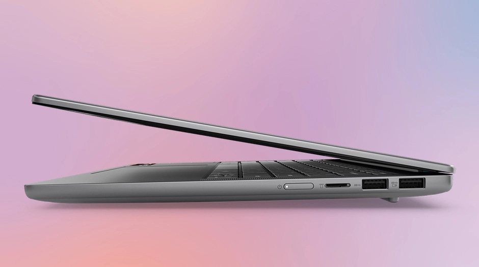 Rights side view of Lenovo IdeaPad Slim 5a Gen 11 (14" AMD) grey laptop, featuring its different ports & slim profile. מחשב נייד IdeaPad Slim 5 14AHP11 83S3001KIV מבית Lenovo