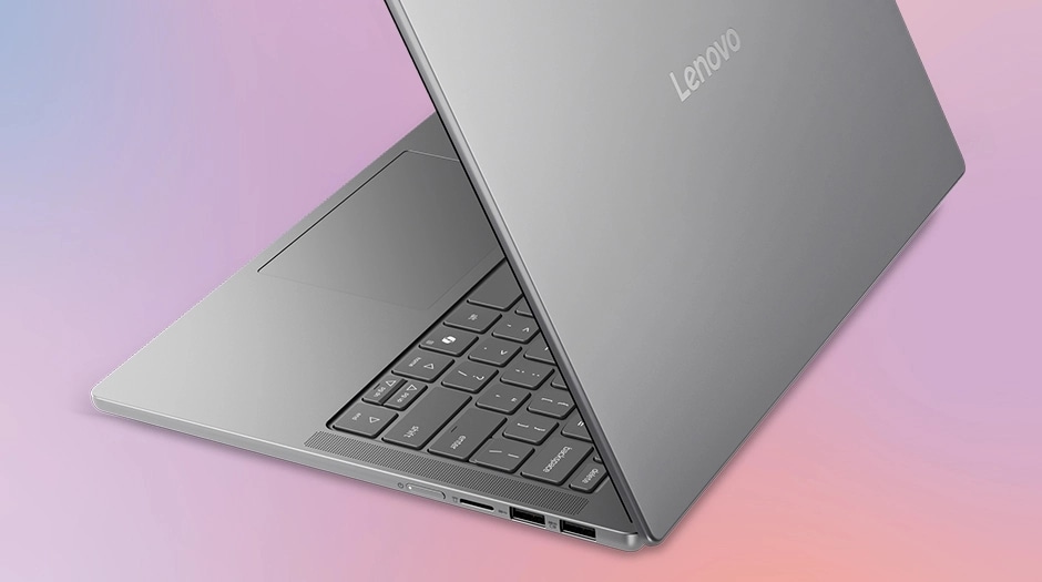 Rear view of Lenovo IdeaPad Slim 5a Gen 11 (14" AMD) laptop, focusing its top cover metal chassis & right side ports. מחשב נייד IdeaPad Slim 5 14AHP11 83S3001KIV מבית Lenovo