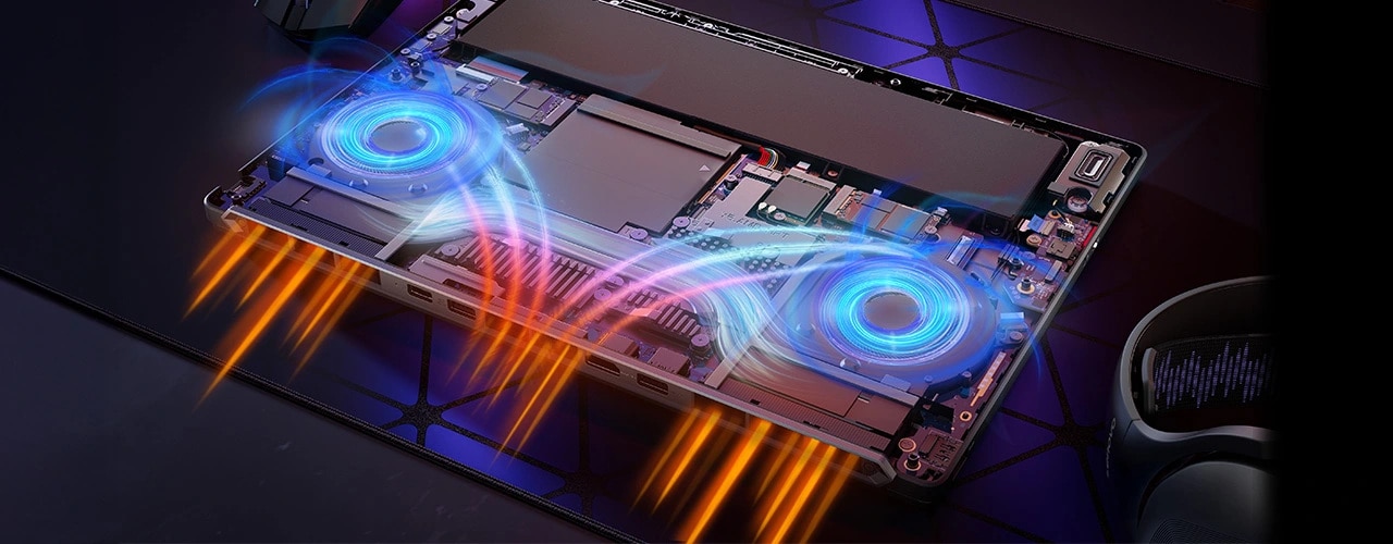 Lenovo Legion 5 5YMJ | 15.3" WQXGA 165Hz | AMD Ryzen AI 7 450 |16GB DDR5 | 1TB SSD | 5050 8GB | 440 AI TOPS 14 Cutaway shows dual-fan cooling with blue and orange airflow in the Lenovo Legion 5a Gen 11 (15" AMD) laptop.