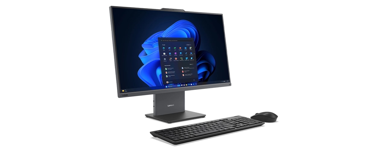 Slim bezel 27-inch Lenovo ThinkCentre Neo 50a Gen 6 (27" Intel) AIO PC with keyboard and mouse, angled left.
