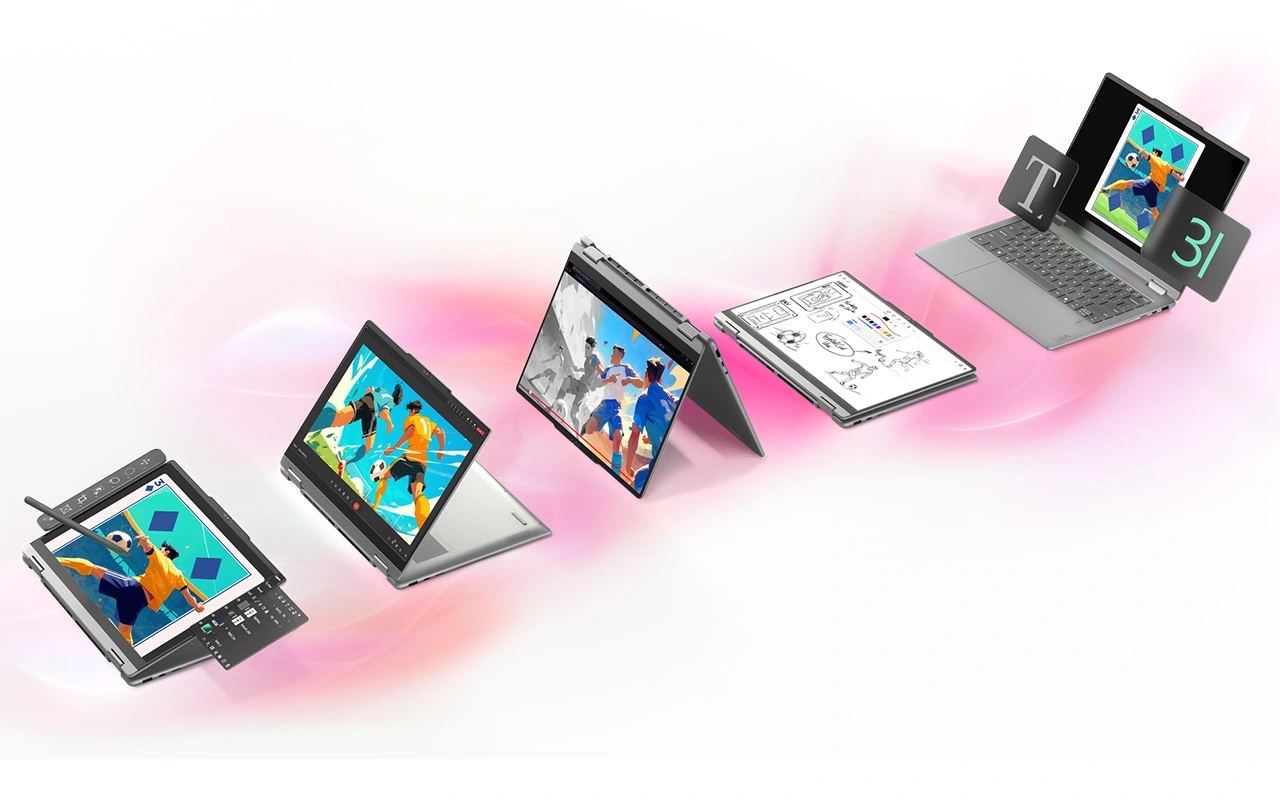 Five views, in different use modes, of the Lenovo Yoga 2-in-1 Gen 11 Aura Edition (14” Intel).