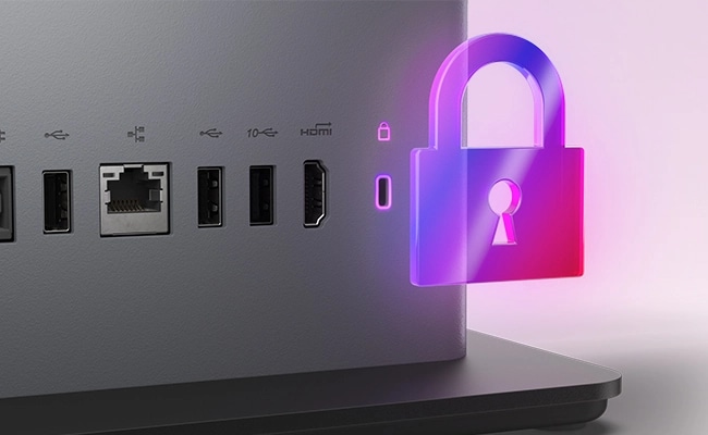 Rear, bottom view of Lenovo ThinkCentre Neo 50a Gen 6 (24" Intel) AIO showcasing its versatile USB ports with lock graphic.