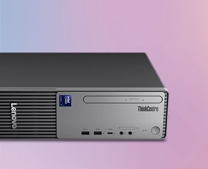 Primer plano del frente de la PC de escritorio Lenovo ThinkCentre neo 50s.