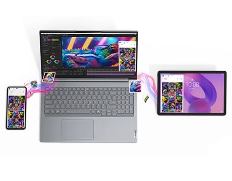 A smartphone, tablet & Lenovo ThinkBook 16 Gen 9 laptop with the same display, emphasizing Smart Connect.