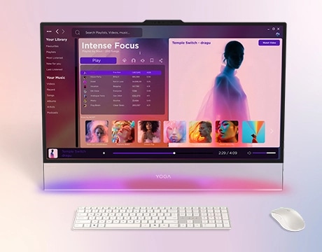 Music player interface with glowing accents on the Lenovo Yoga AIO i Gen 11 Aura Edition all-in-one PC.