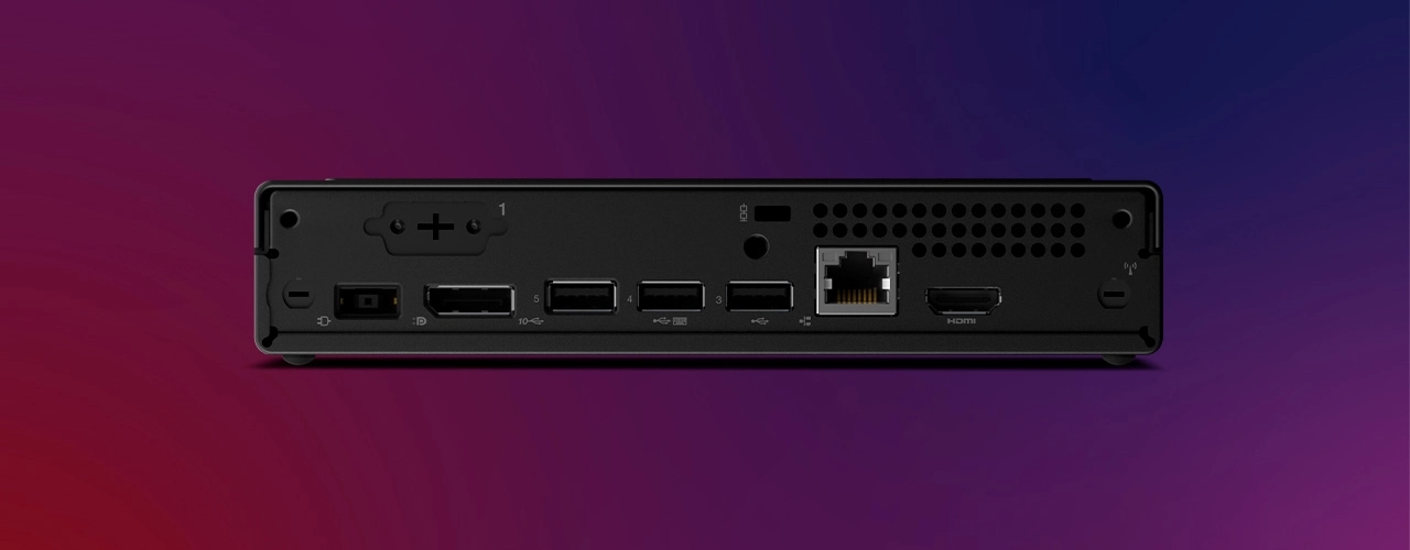 The standard rear photo showcases extensive ports for seamless multitasking and device connectivity on the Lenovo V105q (AMD) Tiny PC.