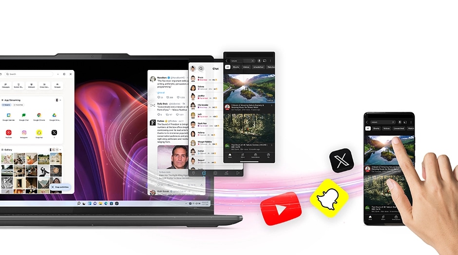 Laptop screen with apps and hand on smartphone, representing app streaming capabilities on the Lenovo Idea Tab Pro Gen 2 Tablet. טאבלט Idea Tab Pro Gen 2&nbsp;TB390FU ZAHD0193IL Wi-Fi 8GB/256GB&nbsp;מבית&nbsp;Lenovo