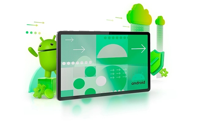 A colorful display featuring abstract green graphics and an Android mascot on the Lenovo Idea Tab Pro Gen 2 Tablet. טאבלט Idea Tab Pro Gen 2&nbsp;TB390FU ZAHD0193IL Wi-Fi 8GB/256GB&nbsp;מבית&nbsp;Lenovo
