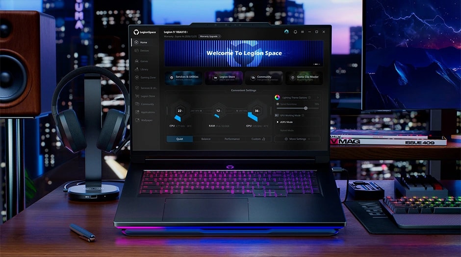 A colorful interface on a laptop screen displaying system stats in a vibrant room. Lenovo Legion 9i Gen 10. מחשב נייד Legion 9 18IAX10 83EY001GIV מבית Lenovo
