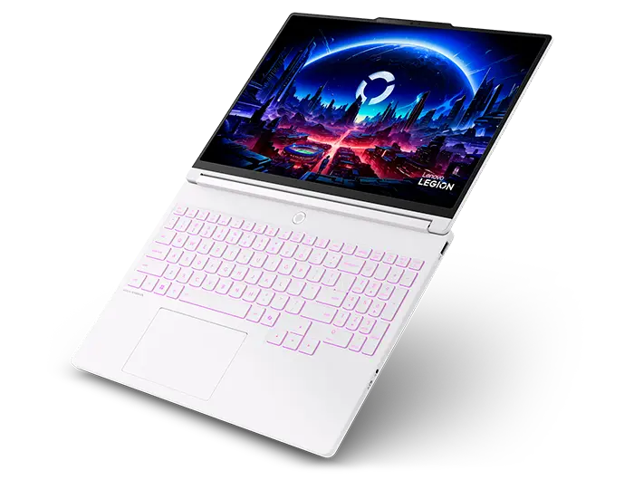 Legion laptop fully opened with RGB keyboard lighting turned on and a colorful graphic on the screen.