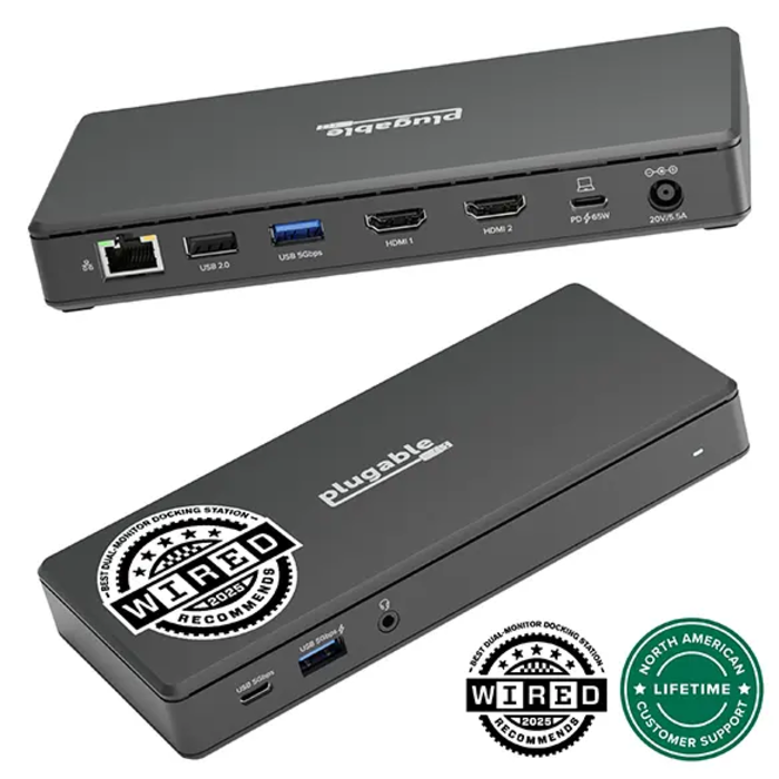 Plugable USB-C Dual HDMI Display Docking Station with 65W Laptop