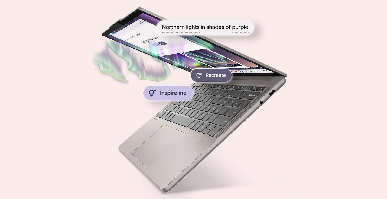 Rechteraanzicht van een zwevende Lenovo Chromebook-laptop met een ruim toetsenbord, een paar poorten en een actief scherm.