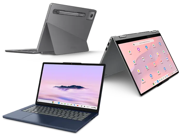 Drie verschillende Lenovo Chromebook-apparaten. De eerste bevindt zich in tabletmodus met een achteraanzicht van een geïntegreerde digitale pen en camera, terwijl de tweede in tentmodus staat en de derde een naar voren gerichte laptop is.
