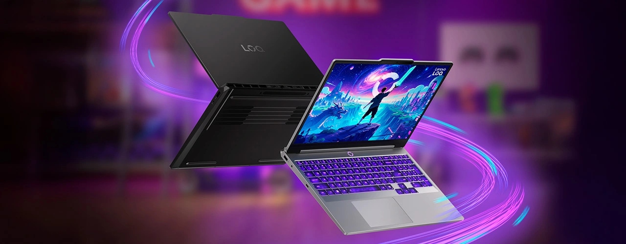 Two Lenovo LOQ Essential 15IRH11 laptops, one closed, one open showing vibrant display with cosmic theme.