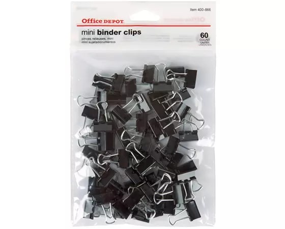

Office Depot Brand Binder Clips, Mini, 9/16in Wide, 1/4in Capacity, Black, Pack Of 60