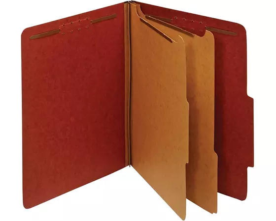 

Office Depot Brand Pressboard Classification Folders With Fasteners, 2 Dividers, Letter Size (8-1/2in x 11in), 2in Expansion, 100% Recycled, Red, Box Of 10