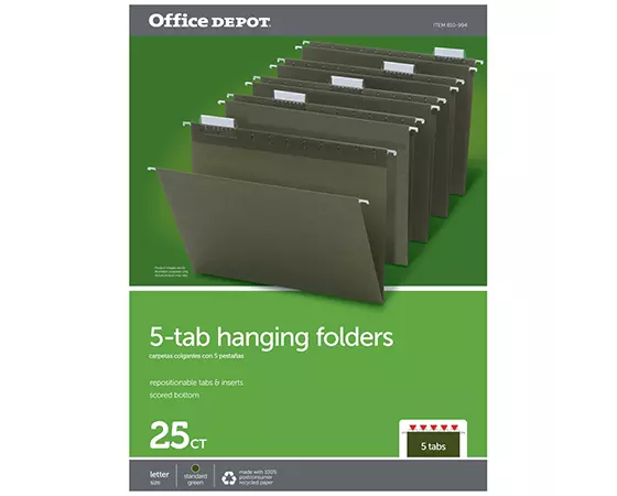 

Office Depot Brand Hanging Folders, 1/5 Cut, Letter Size, 100% Recycled, Green, Pack Of 25