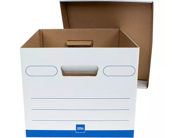 

Office Depot Brand Medium Quick Set Up Corrugated Medium-Duty Storage Boxes With Lift-Off Lids And Built-In Handles, Letter/Legal Size, 15in x 12in x 10in, White/Blue, Pack Of 5