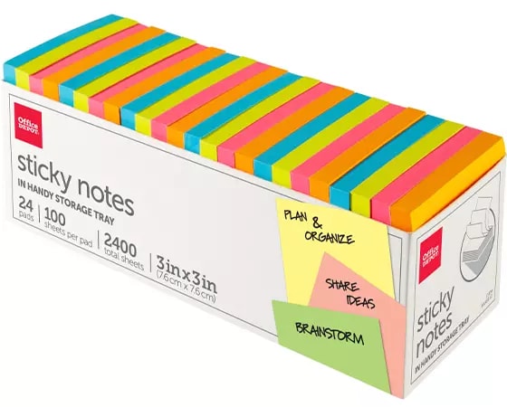 

Office Depot Brand Sticky Notes, With Storage Tray, 3in x 3in, Assorted Neon Colors, 100 Sheets Per Pad, Pack Of 24 Pads