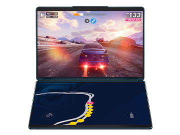 The Yoga Book 9i with keyboard and stand, illustrating dual-screen functionality