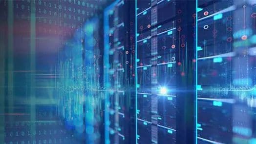 Data center with tracking lines superimposed over the hardware