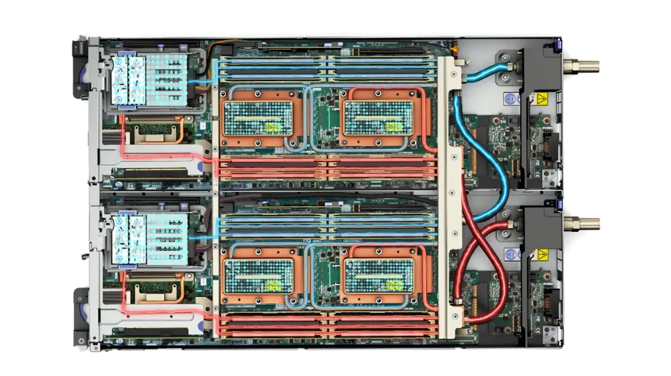 Serveur haute densité Lenovo ThinkSystem SD650 - couvercle en dehors, vue du dessus vers la gauche