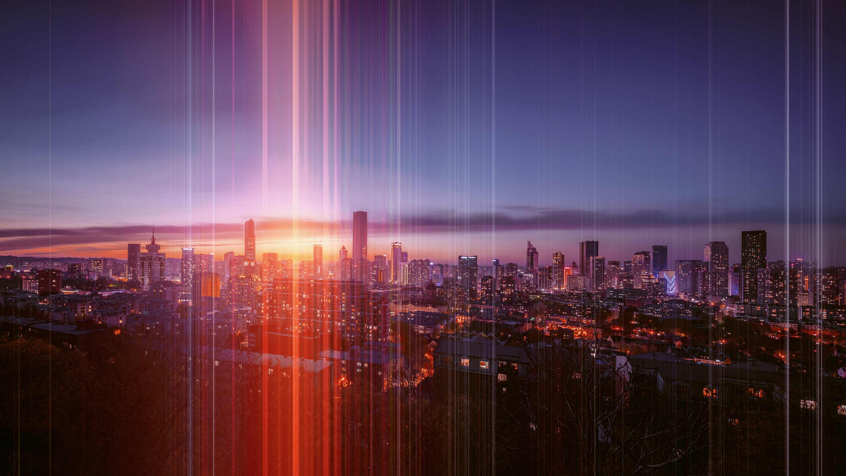 City skyline at sunset with vertical light streaks representing enterprise AI connectivity.