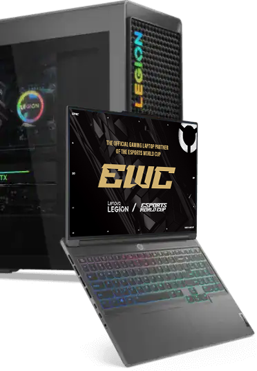 Una torre Legion con luces de colores atrás, adelante una laptop Legion vista abierta de frente con el teclado iluminado multicolor y screenfill de Esports World Cup.