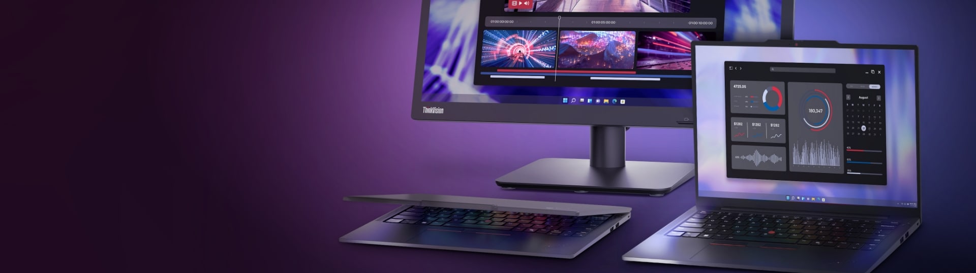 Una portátil Lenovo ThinkPad E14, junto a una portátil Lenovo ThinkPad T16, y un monitor Lenovo, en un fondo de color oscuro 
