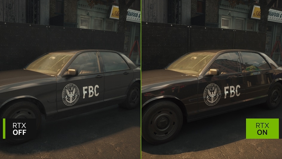 Comparación visual de una escena de CONTROL Resonant con RTX OFF y RTX ON, mostrando la diferencia en iluminación, reflejos y sombras con Path Tracing.