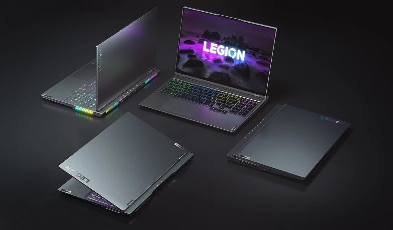Four Lenovo Legion gaming laptops facing different directions, with cover open at varying degrees: Lenovo Legion 5, Lenovo Legion 5 Pro, Lenovo Legion 7, and Lenovo Legion Slim 7.