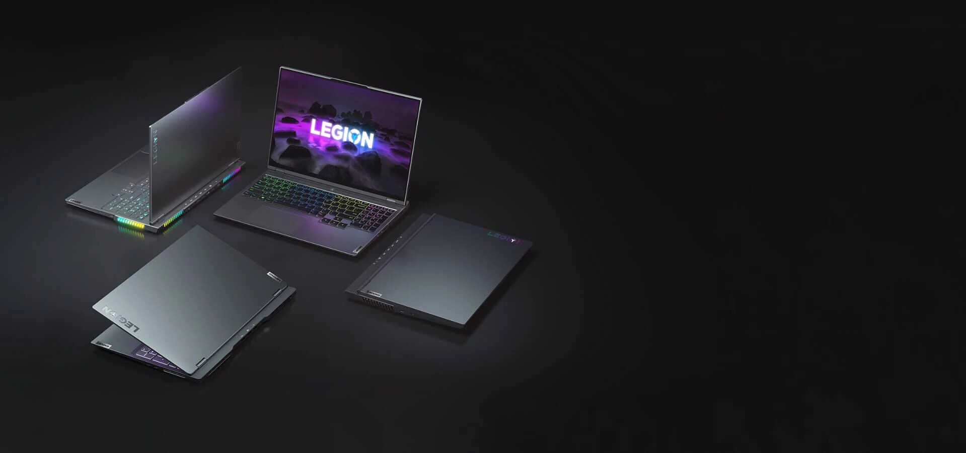 Four Lenovo Legion gaming laptops facing different directions, with cover open at varying degrees: Lenovo Legion 5, Lenovo Legion 5 Pro, Lenovo Legion 7, and Lenovo Legion Slim 7.