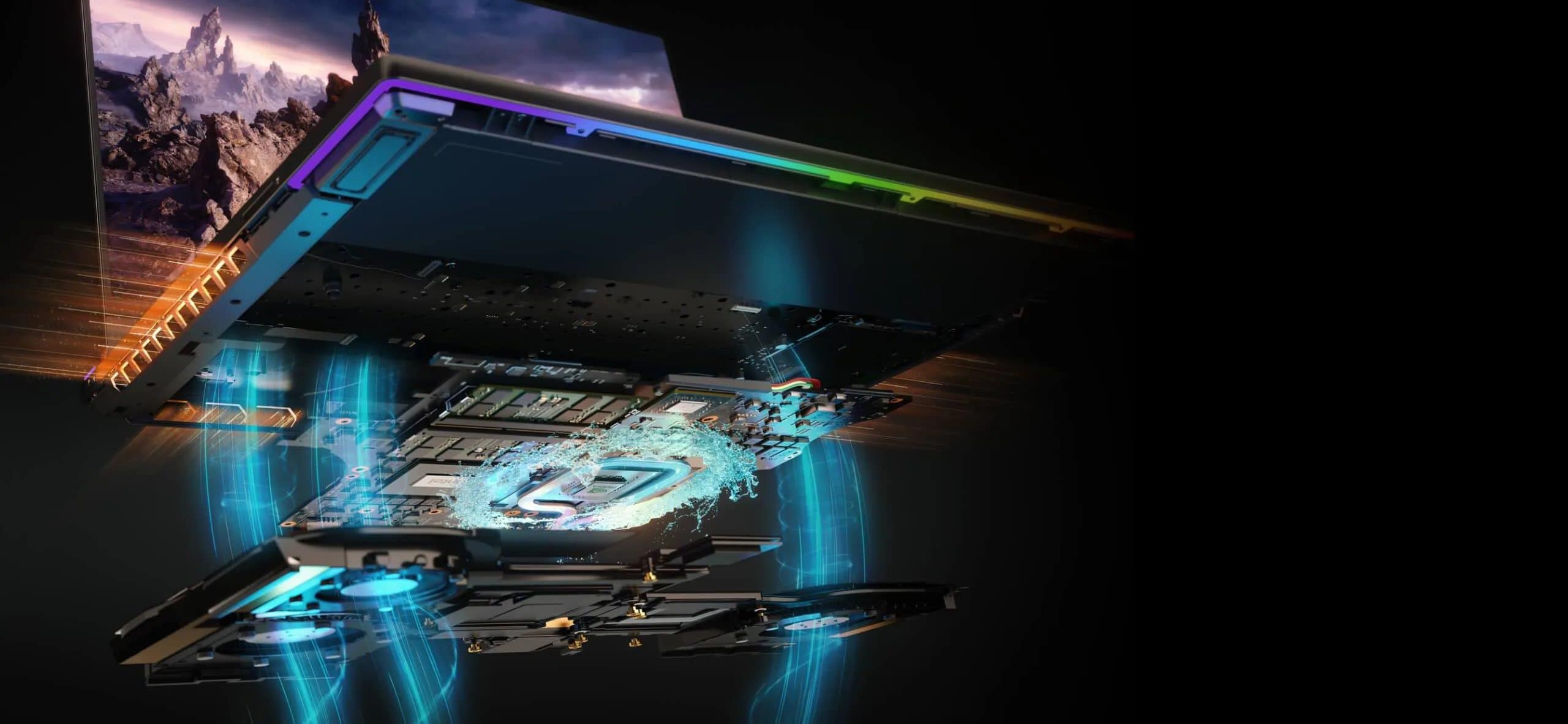 Expanded view of the internal cooling mechanisms of the Lenovo Legion 9i Gen 8 laptop