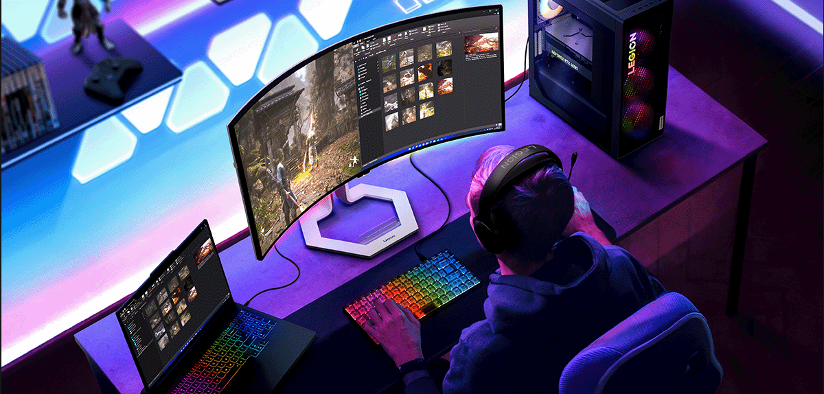 A gamer playing game with Legion Pro 34WD-10 monitor