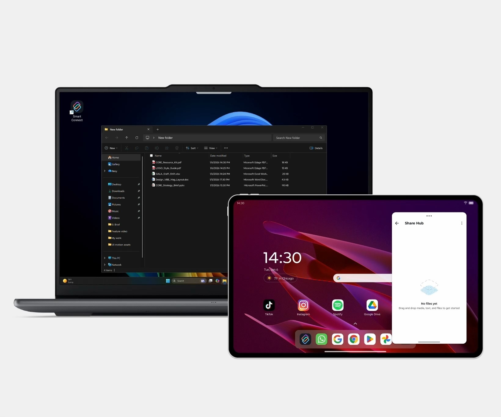 Multiple files are dragged from a Lenovo Yoga laptop into Smart Connect Share Hub and appear on a Lenovo tablet sharehub.