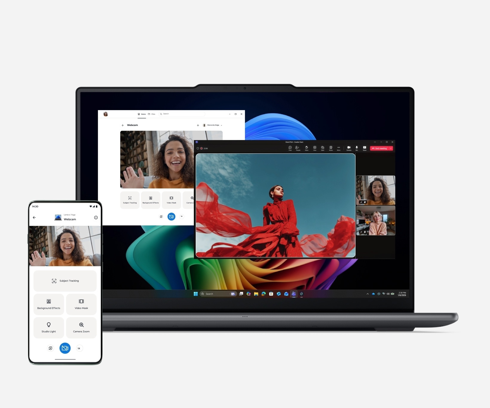 A Motorola smartphone is used as a webcam for a Lenovo PC through Smart Connect.
