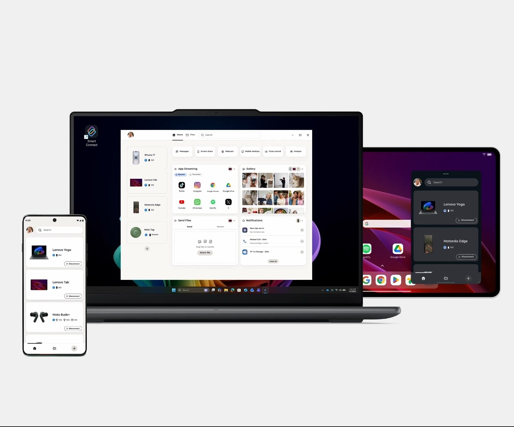 Smart Connect dashboards on a Lenovo Yoga laptop, Motorola smartphone, and Lenovo tablet showing customizable widgets that can be rearranged.