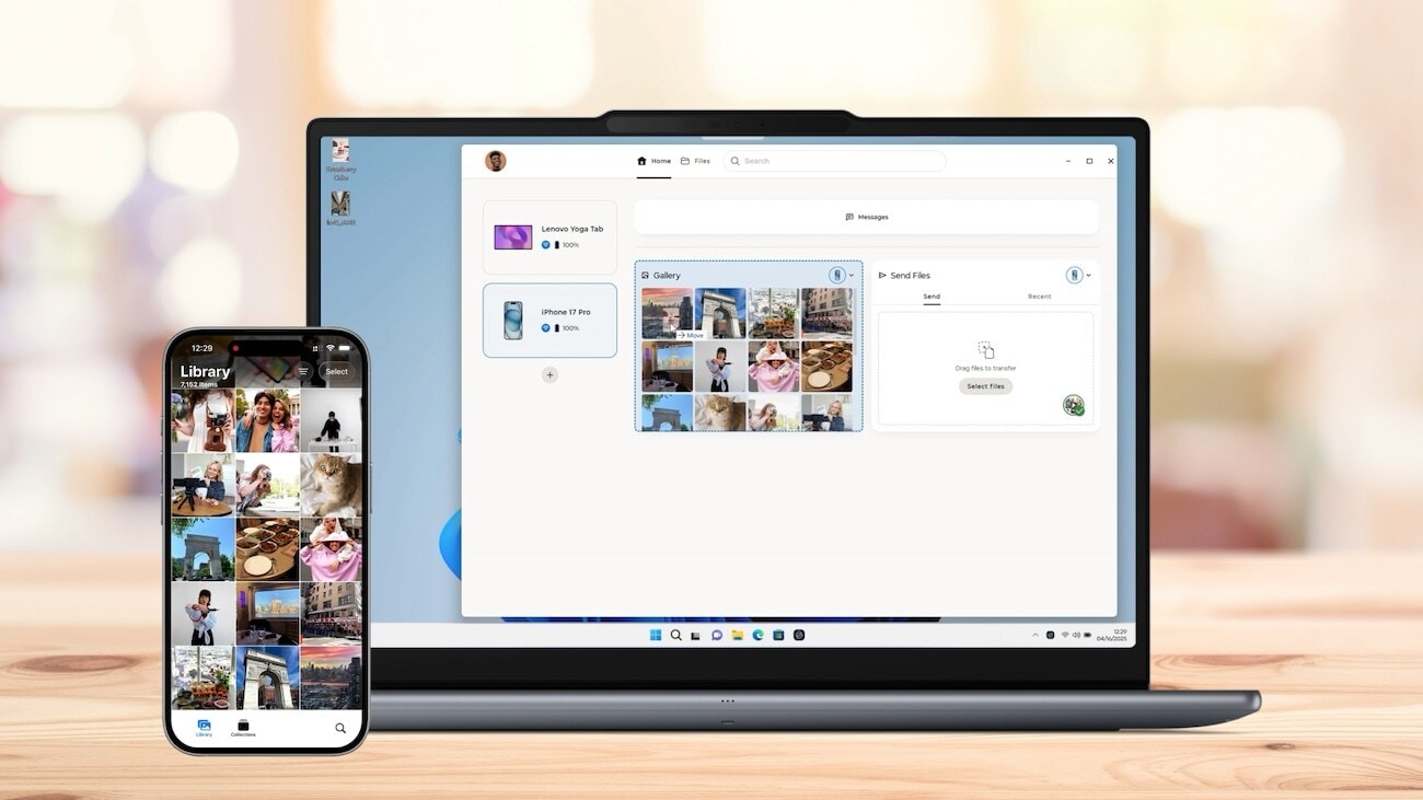 Un ordenador muestra la galería Smart Connect, donde las fotos de un iPhone y una tableta se pueden arrastrar hasta y desde el escritorio.