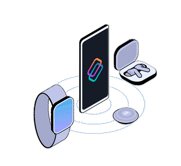Un téléphone intelligent avec le logo Smart Connect est entouré d’accessoires sans fil, dont des écouteurs, une montre intelligente et une étiquette de suivi.